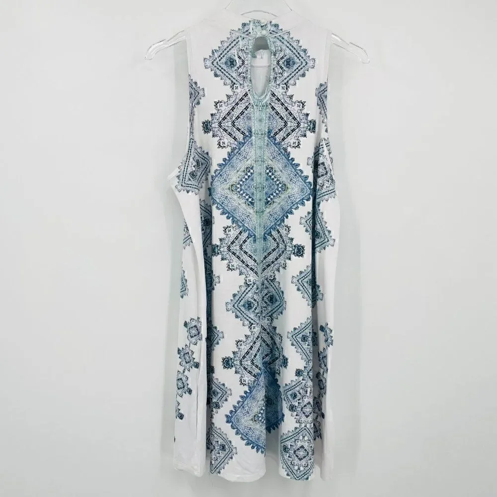 Altar'd State Size Medium Blue & White Boho Jersey Knit Mock Neck Dress